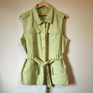 Paco Lime Green Linen Blend Sleeveless Button Up Utility Vest Size Large